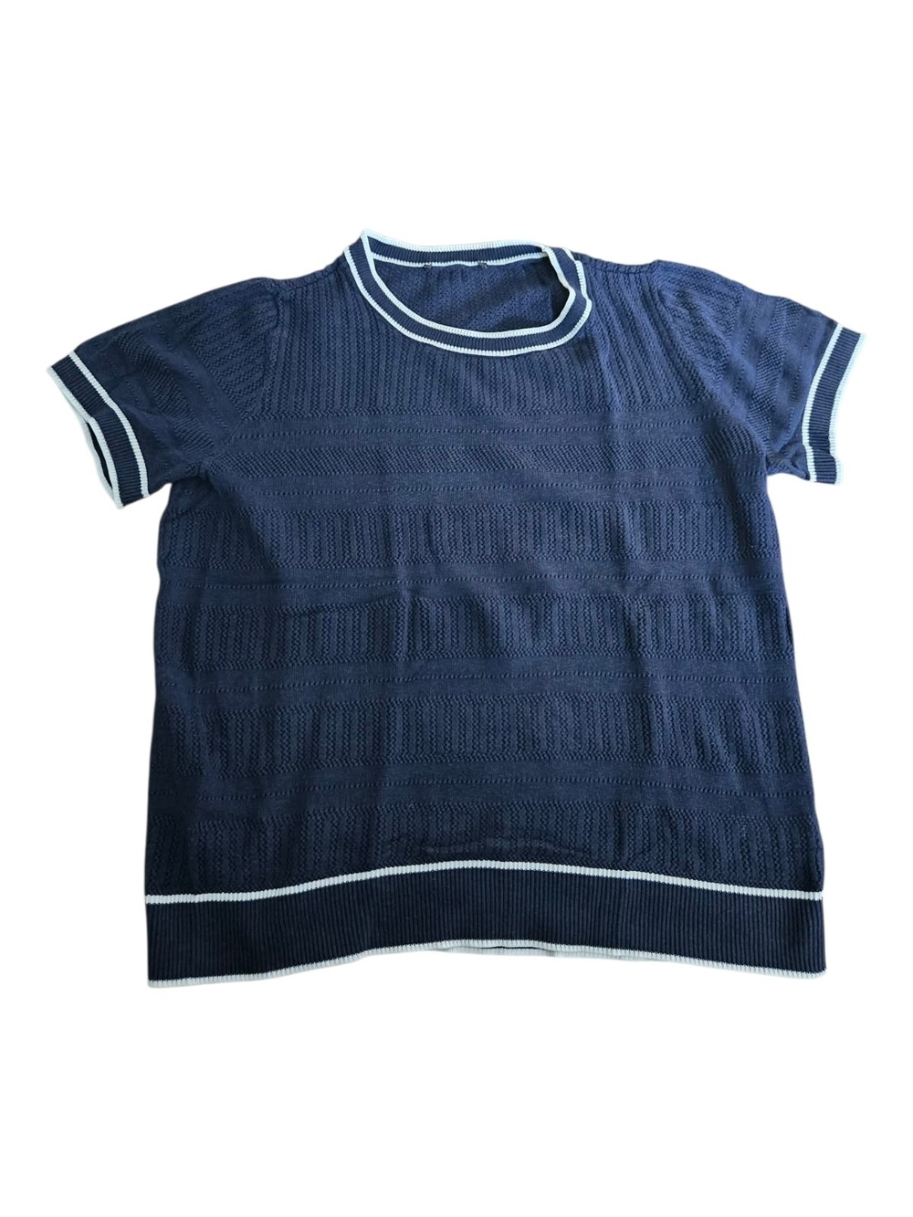 Navy Short-Sleeve Knit Sweater with White Trim
